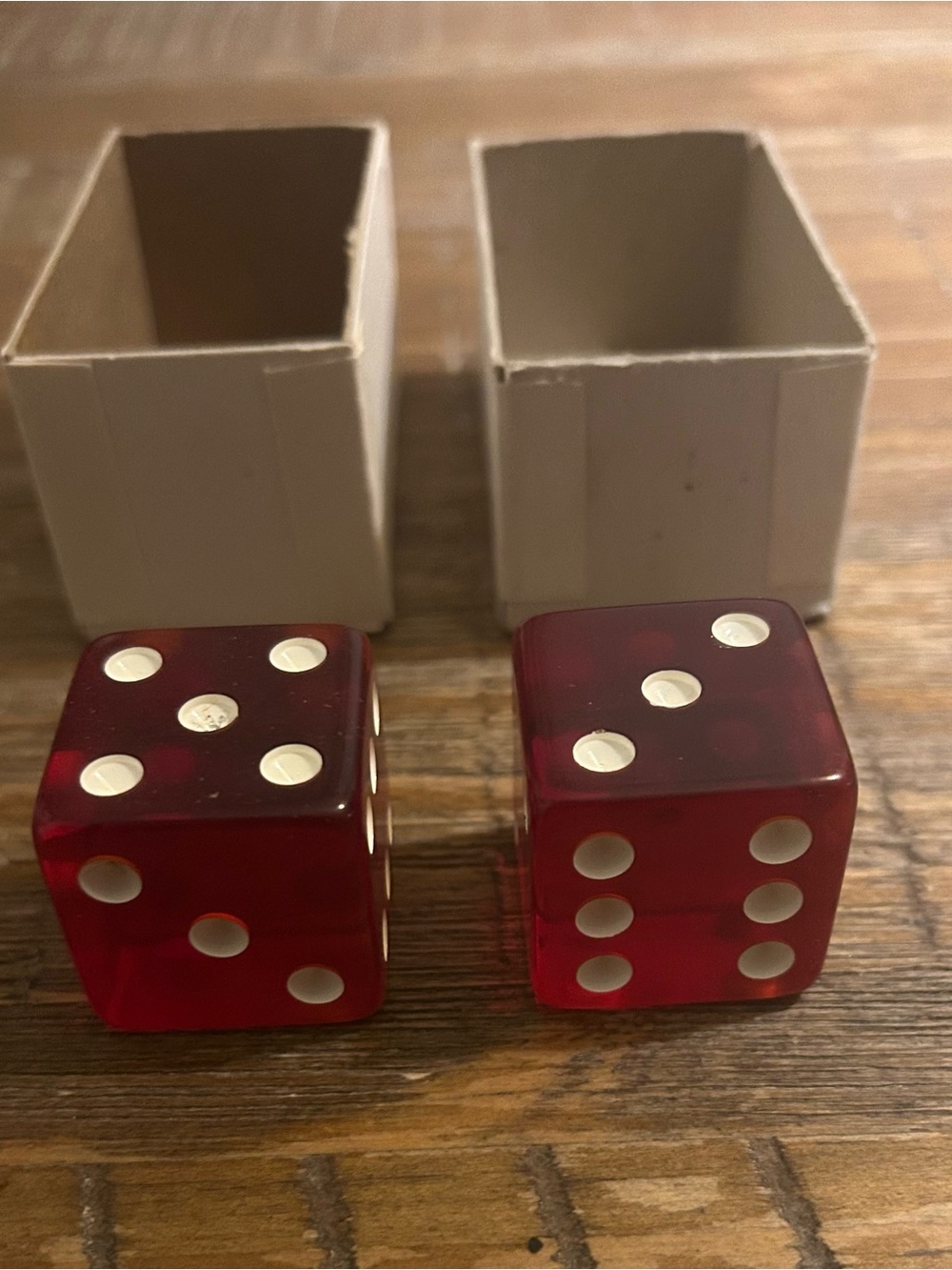2 Vintage 1.25” Red Translucent Jumbo Dice - (Box Appears To Be Original)